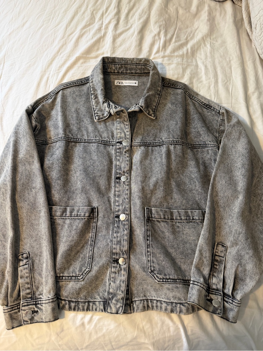 Zara Washed Grey Denim Jacket with Front Patch Pockets